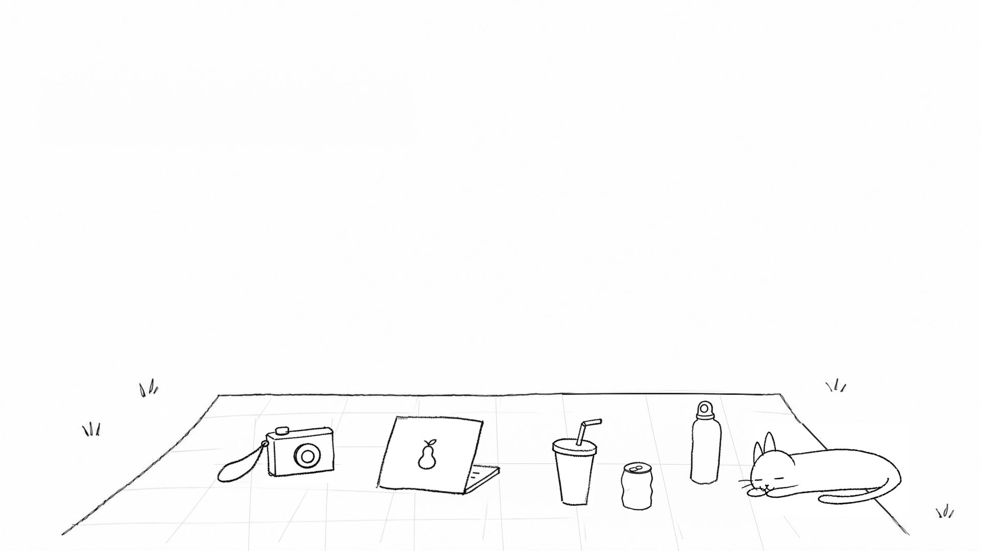 A hand-drawn cat sleeping beside a camera, laptop, and picnic drinks